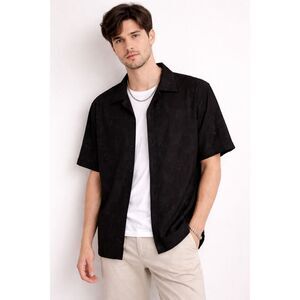 Eighty Eight Black Lace Shirt Men’s Size L Button Up Floral Textured